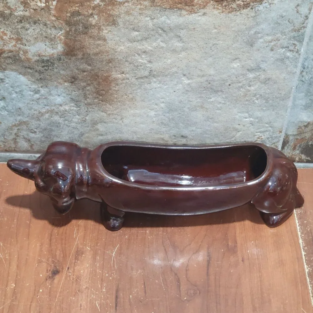 Vintage Dachshund Dog Ceramic Cracker Tray Planter Brown Glazed